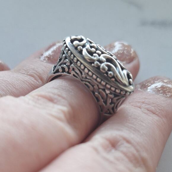 Sterling Silver Open Filigree Sideways Beaded Scroll Ring 7.25 womens vintage - Picture 3 of 7